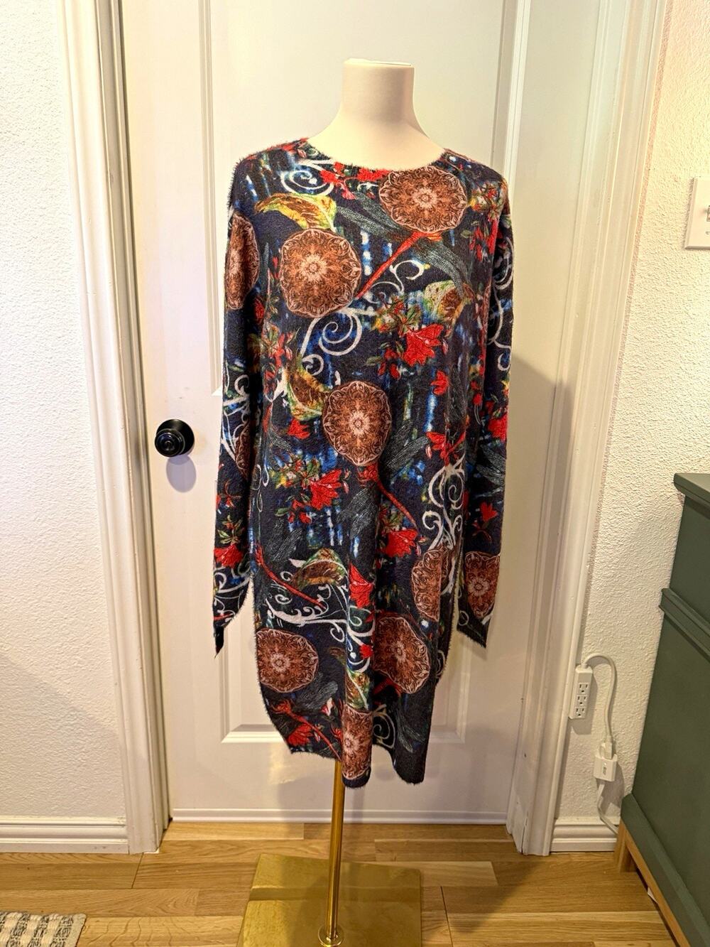 Women's Colorful Artsy Soft Cozy Cotton/Wool Knit Sweater Dress Size L